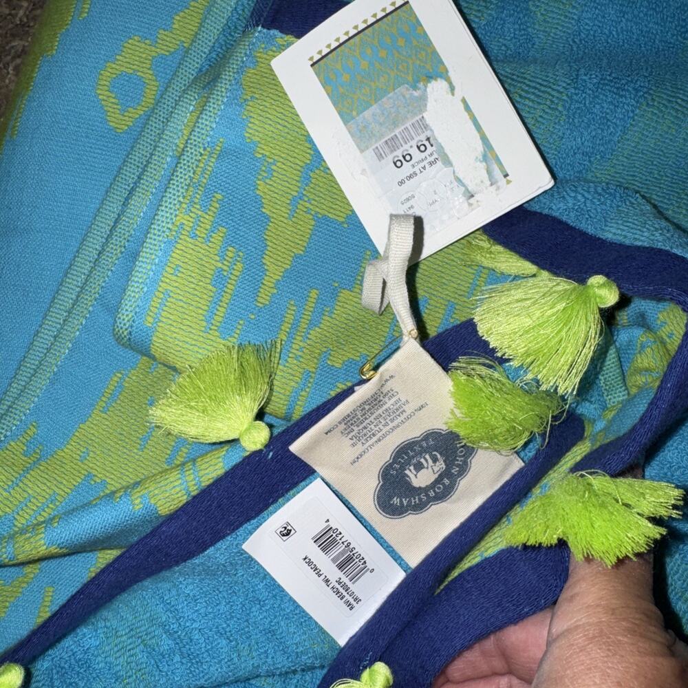 John Robshaw Ravi Peacock Beach Towel w/ Tassels 40" x 70" Cotton Green & Blue - Picture 2 of 3
